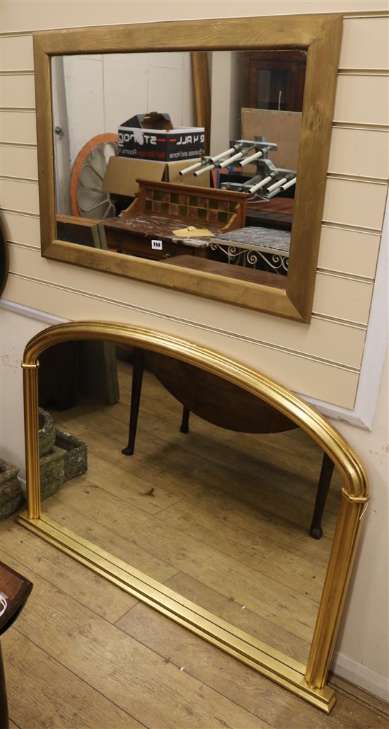 A large gilded shaped overmantel mirror, and a pine-framed rectangular mirror, W.125 x 87cm